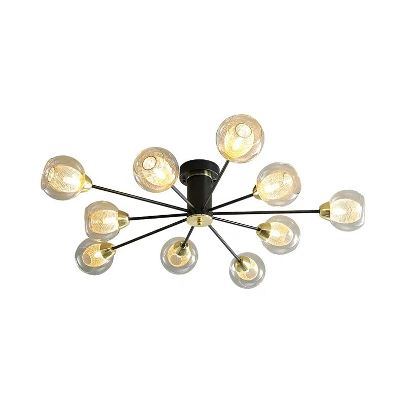 Kugel Bernsteinglas Halbflushbeleuchtung Moderne 10 Köpfe schwarze Deckenlampe mit radialem Design