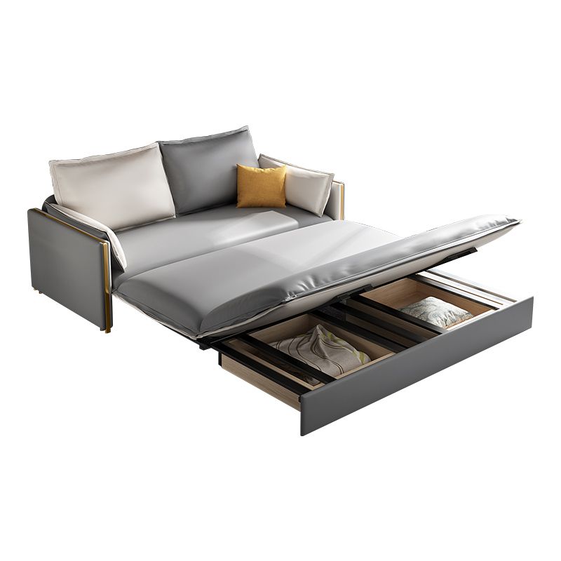 Modern Square Arm Faux Leather Sofa Bed with Pillows for Bedroom