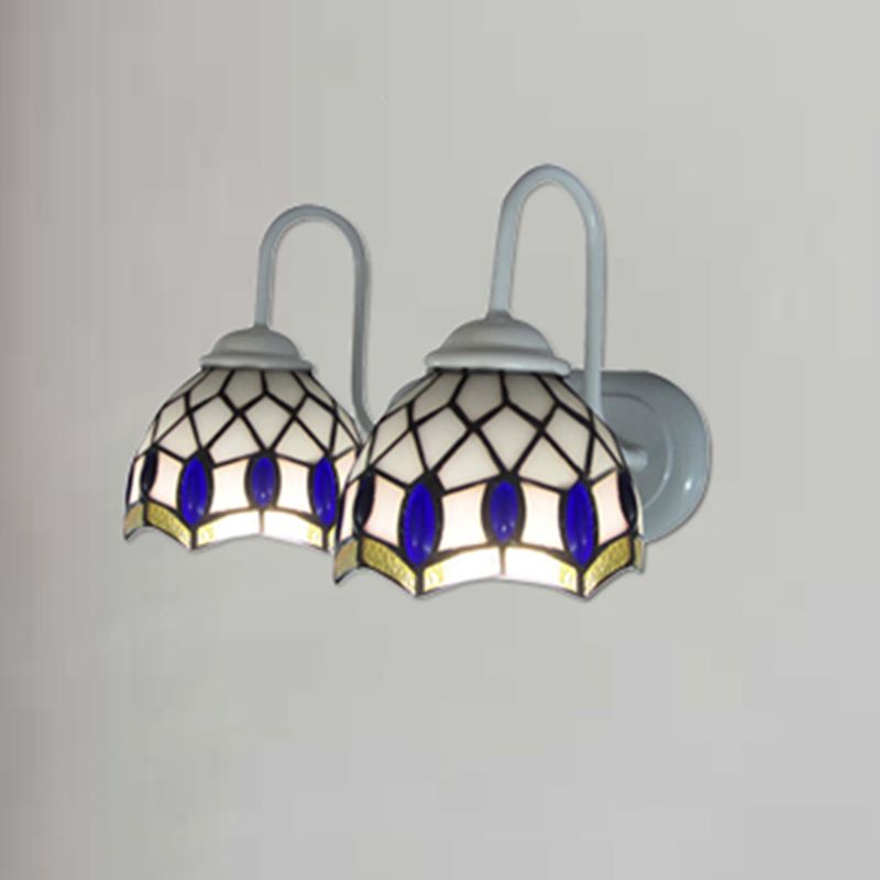 White Dome Sconce Light Tiffany 2 Heads Stained Glass Wall Mount Light with Blue Gem Decoration