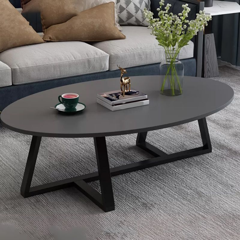Modern Oval Coffee Table Wood and Steel Coffee Table Cross Legs