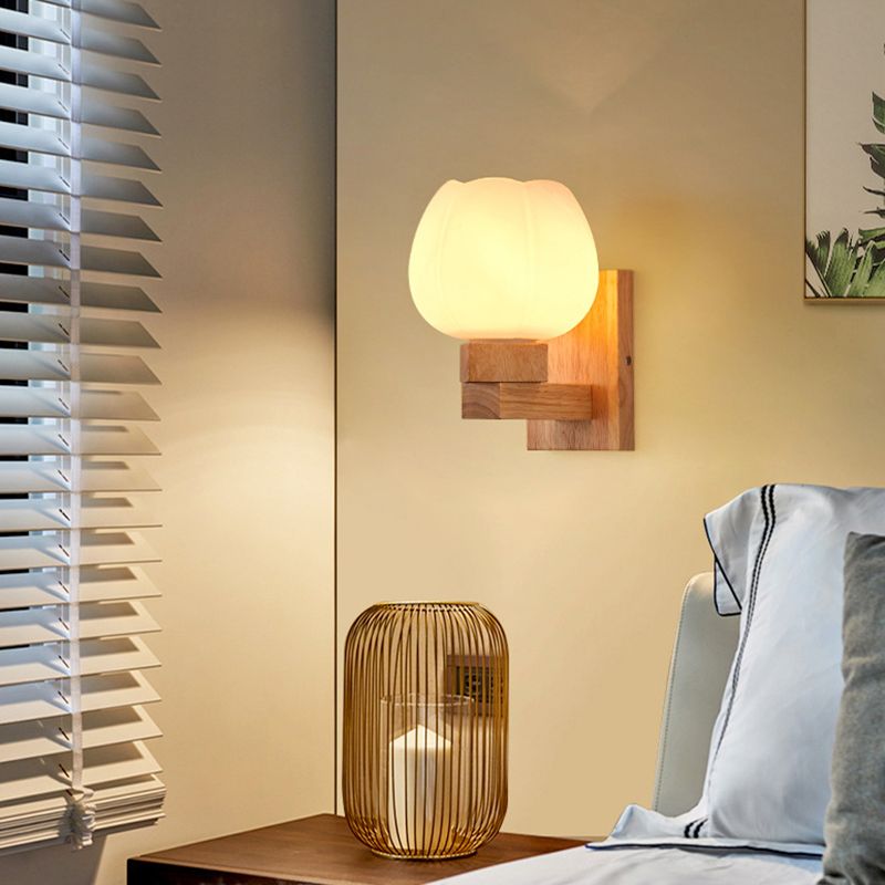 Wooden Shaded Wall Sconce Lighting Simplicity Style White Wall Mount Light Fixture