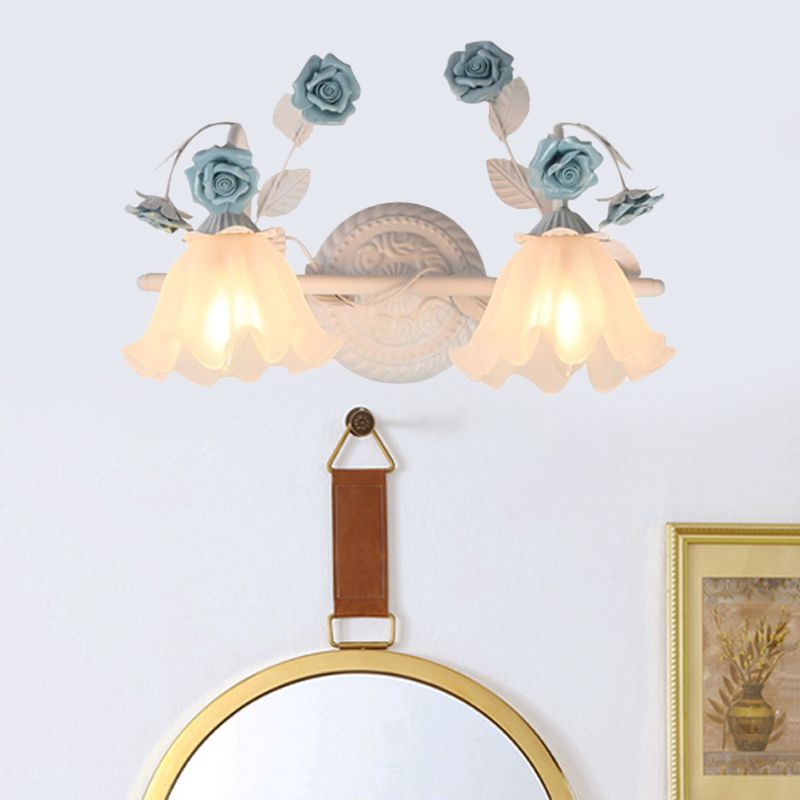 Ruffle Bathroom Wall Mount Light American Flower Frosted Glass 2/3-Head Pink/Blue Vanity Sconce