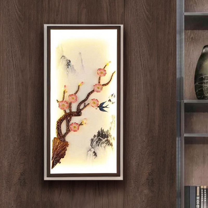 Asia Spring Blooming Plum Mural Light Ceramic Bedside Decorative LED Wall Sconce Light in Black