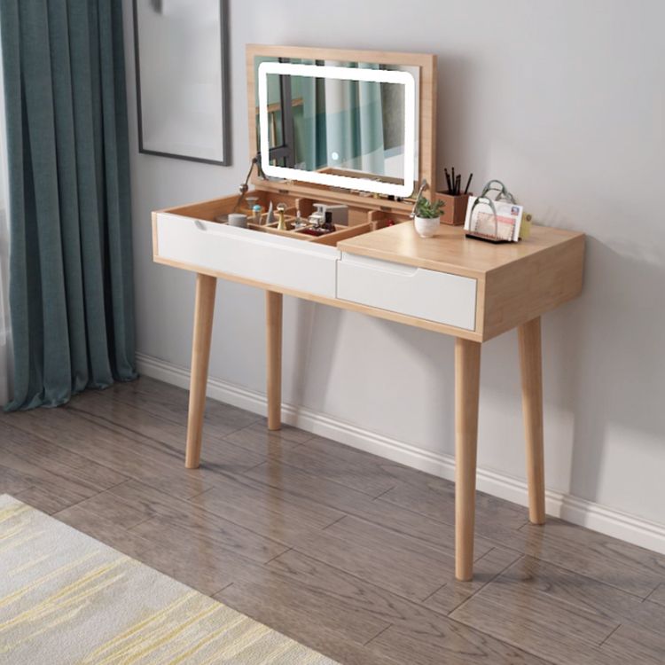 Modern Rubberwood Dressing Table Set with Stool 1-Mirror Wood Vanity Table