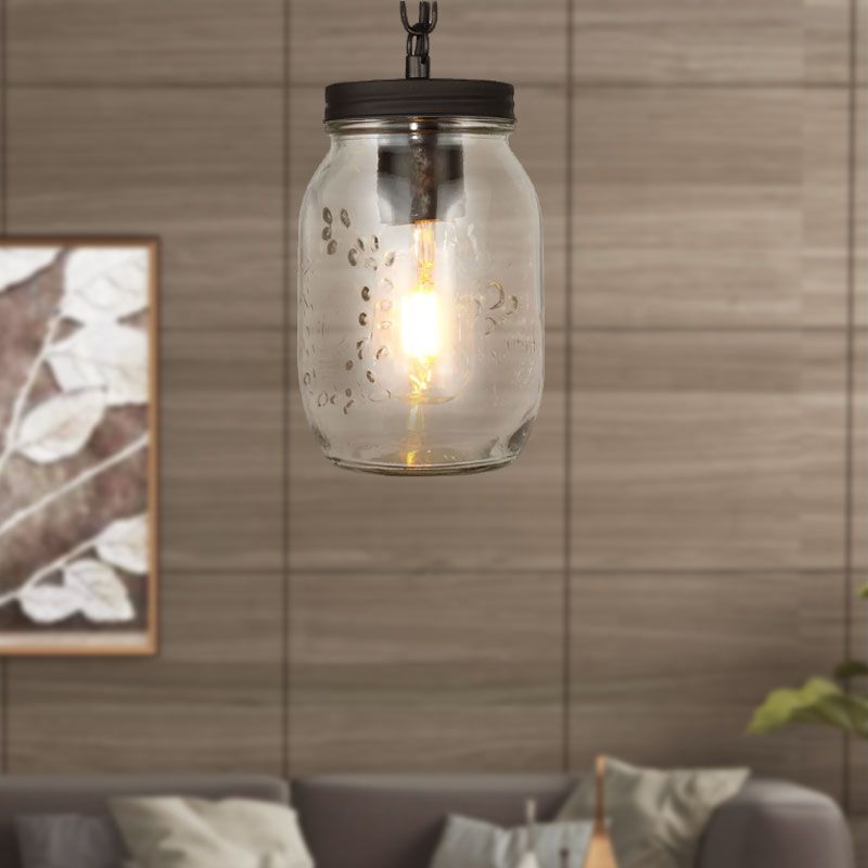 Modern Mason Jar Hanging Ceiling Light 1 Light Clear Glass Pendant Lighting in Black