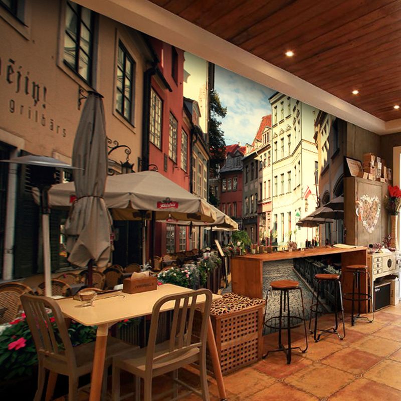 European Street Wall Mural in Brown, Minimalist Wall Covering for Coffee Shop
