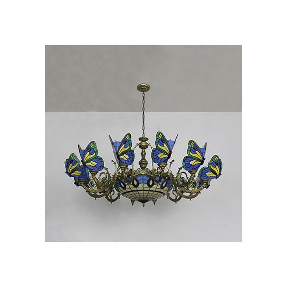 Butterfly Indoor Pendant Light Stained Glass Tiffany Chandelier Lamp in Dark Blue/Sky Blue/Beige/Blue for Hallway