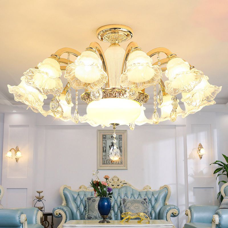 Gold Floral Shade Ceiling Lighting Traditional Ruffle Glass Living Room Chandelier Light with Crystal Draping