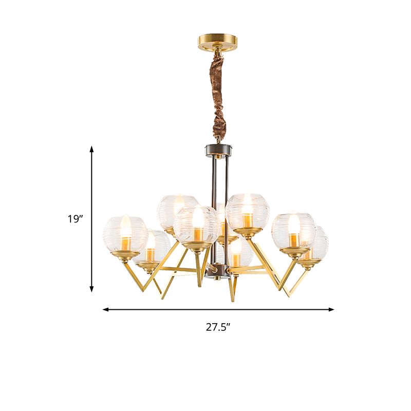 Gold 9/12 Lights Pendant Chandelier Traditional Clear Ribbed Glass Globe Hanging Light for Living Room