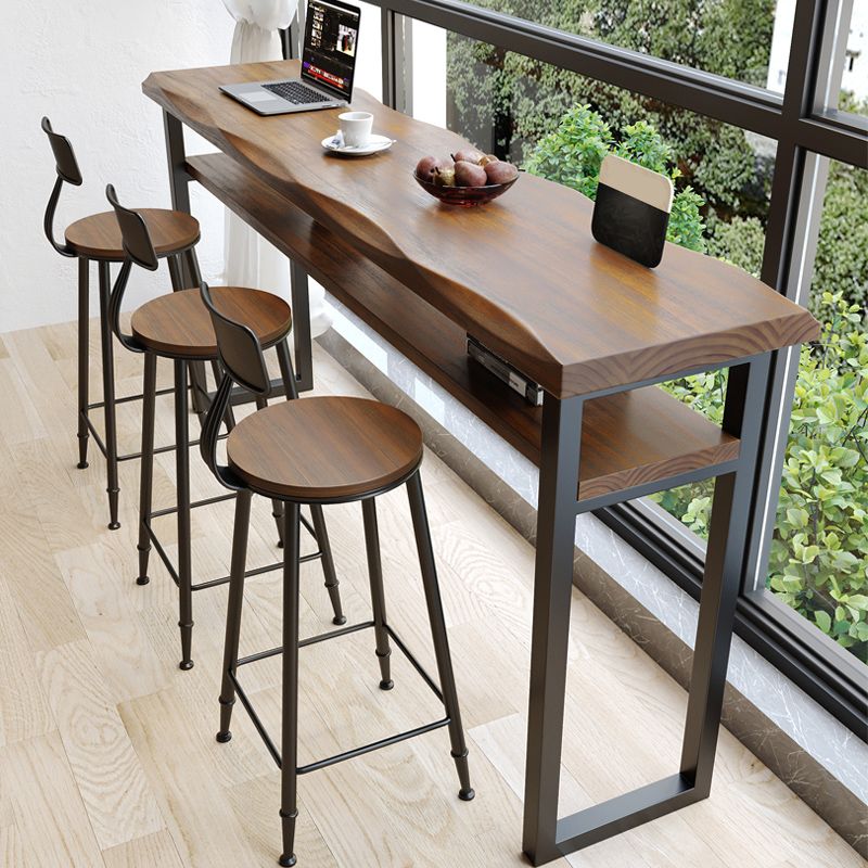 Wooden Bistro Bar Table Rectangle Metal Base Bar Table with Storage
