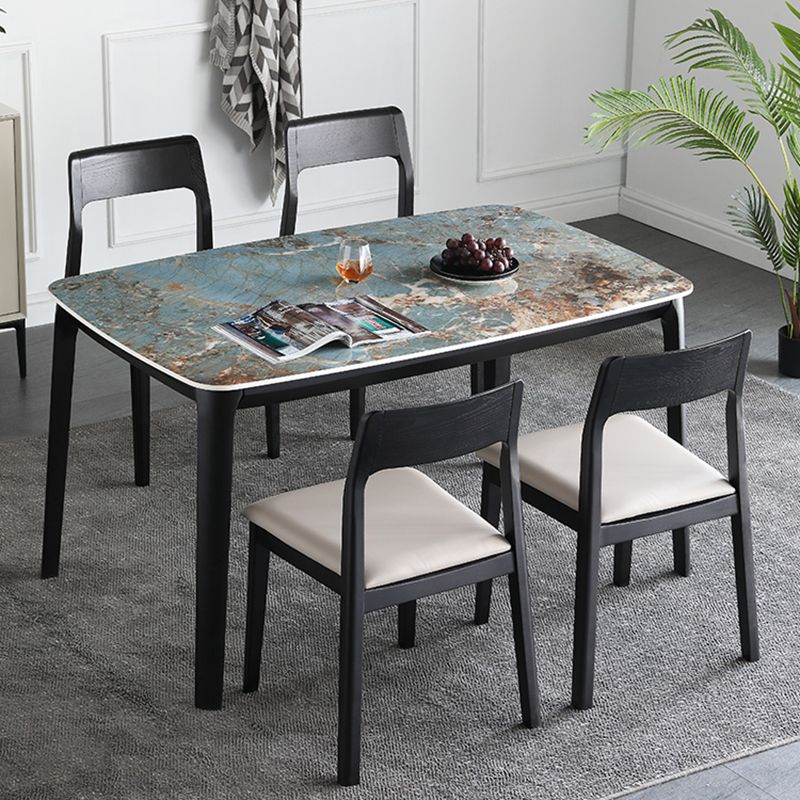 Sintered Stone Top Blue Table Modern Dining Table with Wooden Base and 4 Legs