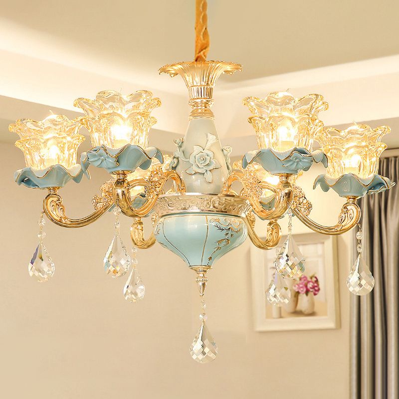 Ruffle Glass Flower Chandelier Pendant Light Vintage Living Room Hanging Light with Hanging Crystal in Blue