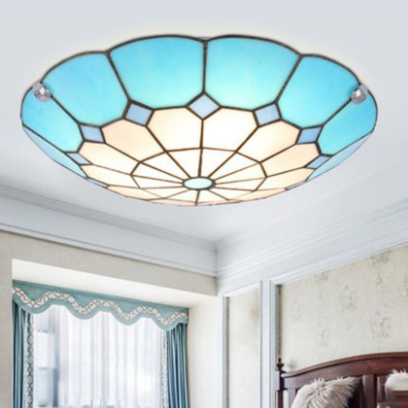Bowl LED Flush Mount Tiffany Glass Mediterranean Flushmount Ceiling Light for Restaurant