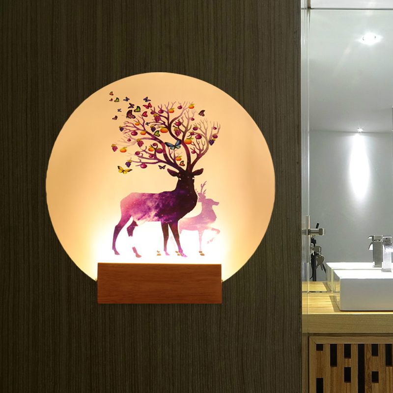 Acrylic Circular Elk Patterned Wall Light Fixture Chinese Style LED Wood Mural Lamp for Bedroom