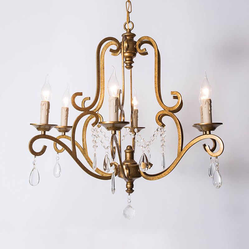 Candelier de chandel de chandel colgante de oro de metal 6 luces de techo retro accesorio de cuello con drapeado de cristal