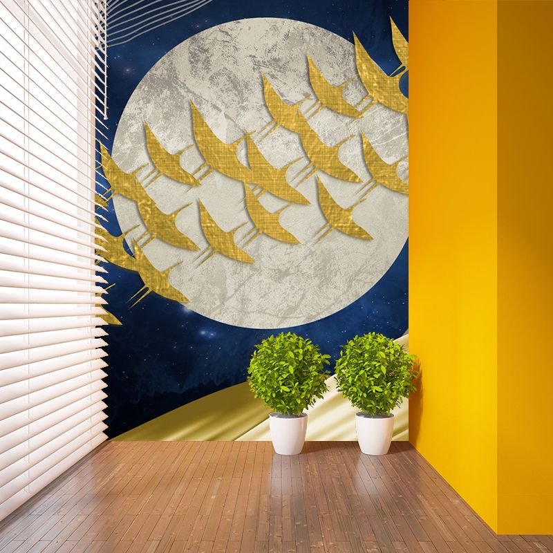 Personalized Illustration Artistry Mural with Flock of Birds Fly Across Full Moon in Yellow-Blue