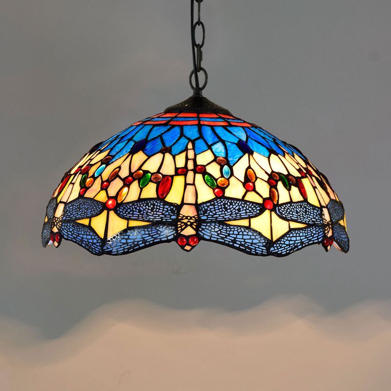 Tiffany-Style Dome Ceiling Light 1-Light Stained Glass Hanging Pendant Light for Restaurant