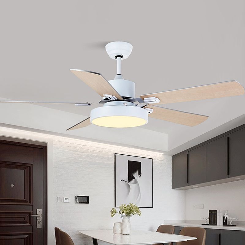 5-BladeDrum Living Room Hanging Fan Light Fixture Traditional Acrylic 52" Wide LED Semi Flush Light