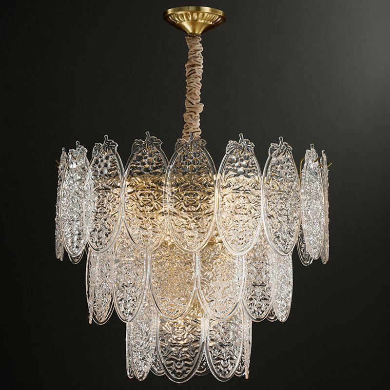 Post-Modern Oval Shaped Chandelier Pendant Light Textured Glass Living Room Hanging Light in Gold