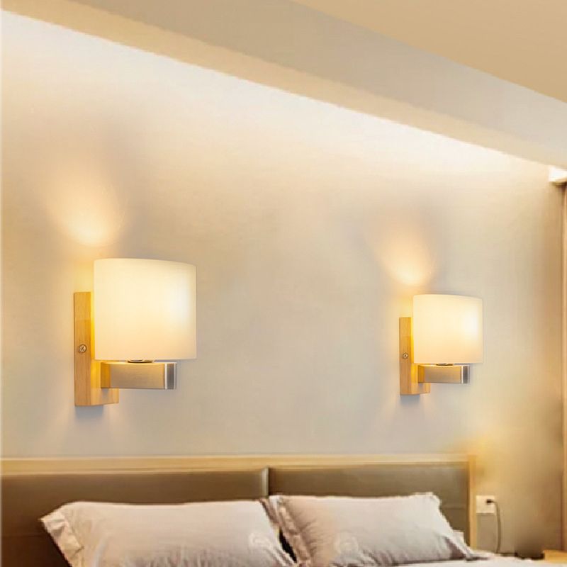 Rectangular Glass Shade Bedroom Wall Lamp Nordic Simplicity Single Bulb Sconce Light with Solid Wooden Base