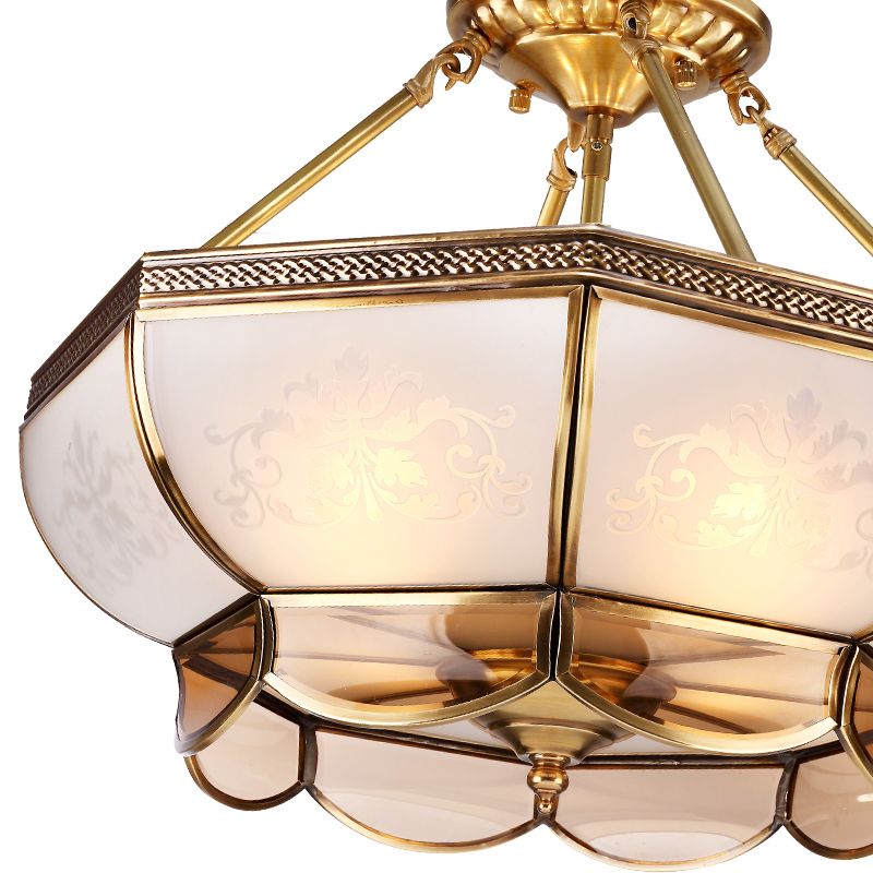 3/4 Bulbs Dome Ceiling Light Fixture Colonial Brass Satin Opal Glass Semi Flush Mount Lighting for Living Room, 14"/18" Dia