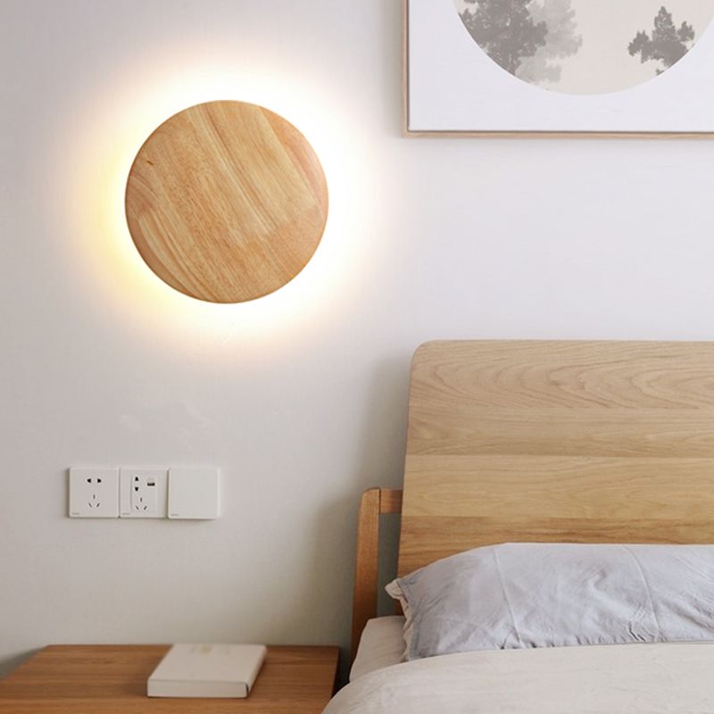 Wooden Wall Sconce Lighting Modern Round Disc Shape Wall Lamp for Bedroom