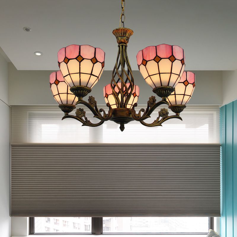 Lampadario a cupola a cupola 5 luci colorate in vetro a soffitto in stile tiffany in rosa