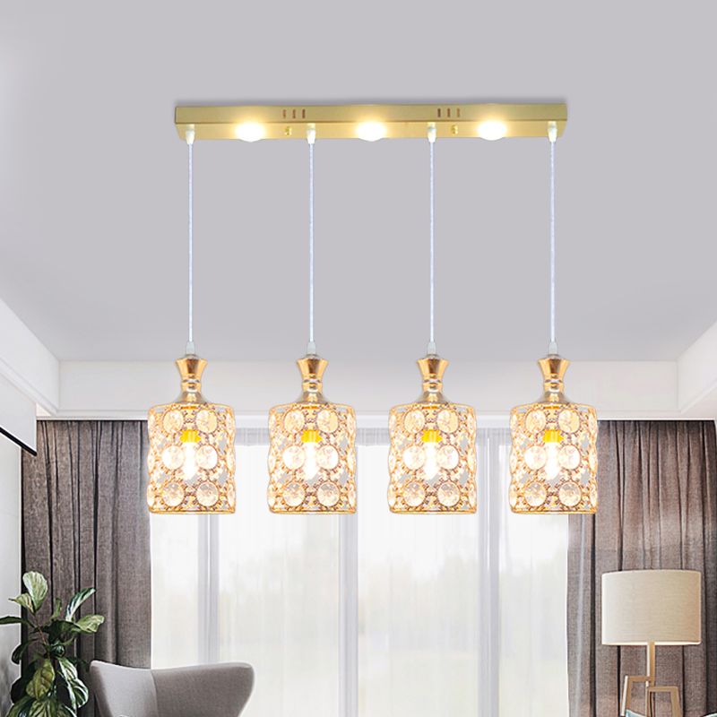Gold Cylinder Shape Multiple Hanging Light Contemporary 4-Light Beveled K9 Crystal Pendant