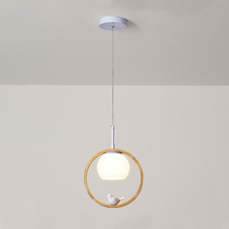 Moderne artistieke single hanging lamp houten bol hanglamp met witte glazen schaduw