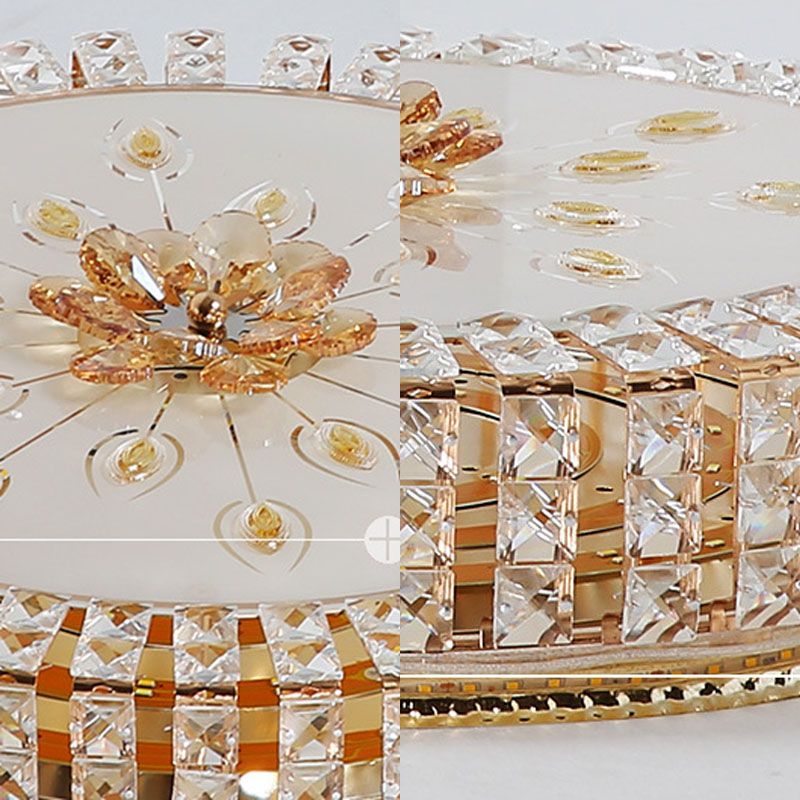 Gold Circular LED Ceiling Light in Modern Luxury Style Crystal Flush Mount with Glass Shade