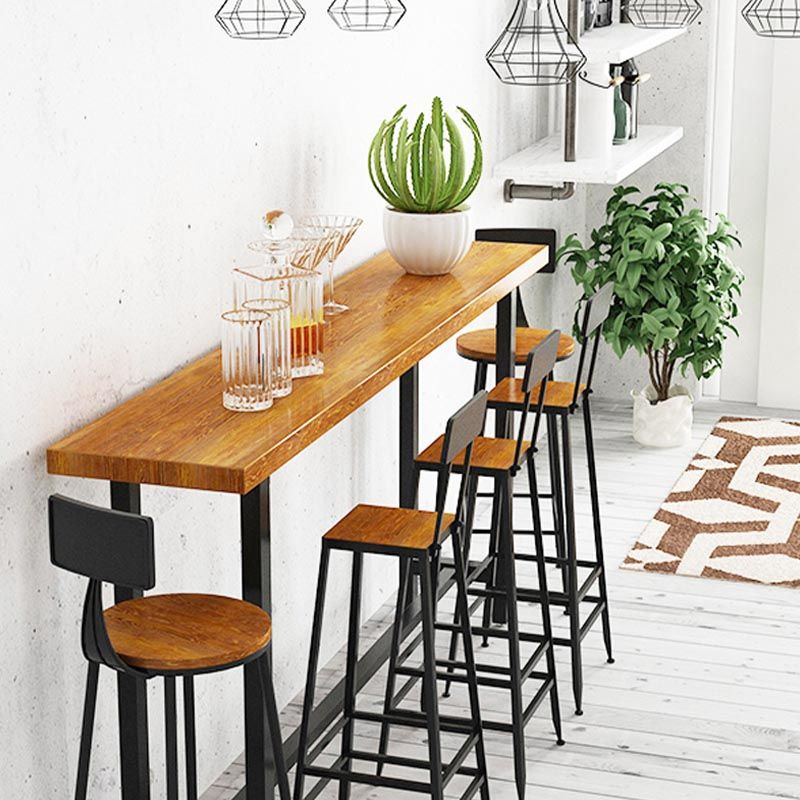 Black and Metal Base Table Natural Rectangle Solid Wood Bar Table