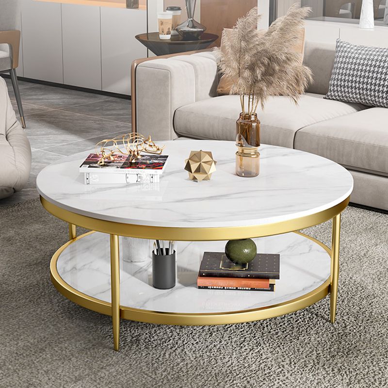17.7" H Glam Round Slate Coffee Table Metal 4 Legs Cocktail Table with Shelf