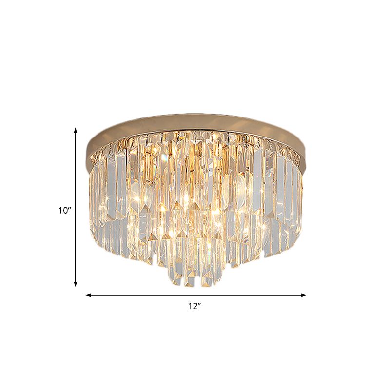 LED Multi Tier Flush Ceiling Light with Clear Crystal Block Vintage Ceiling Lamp in Gold for Bedroom