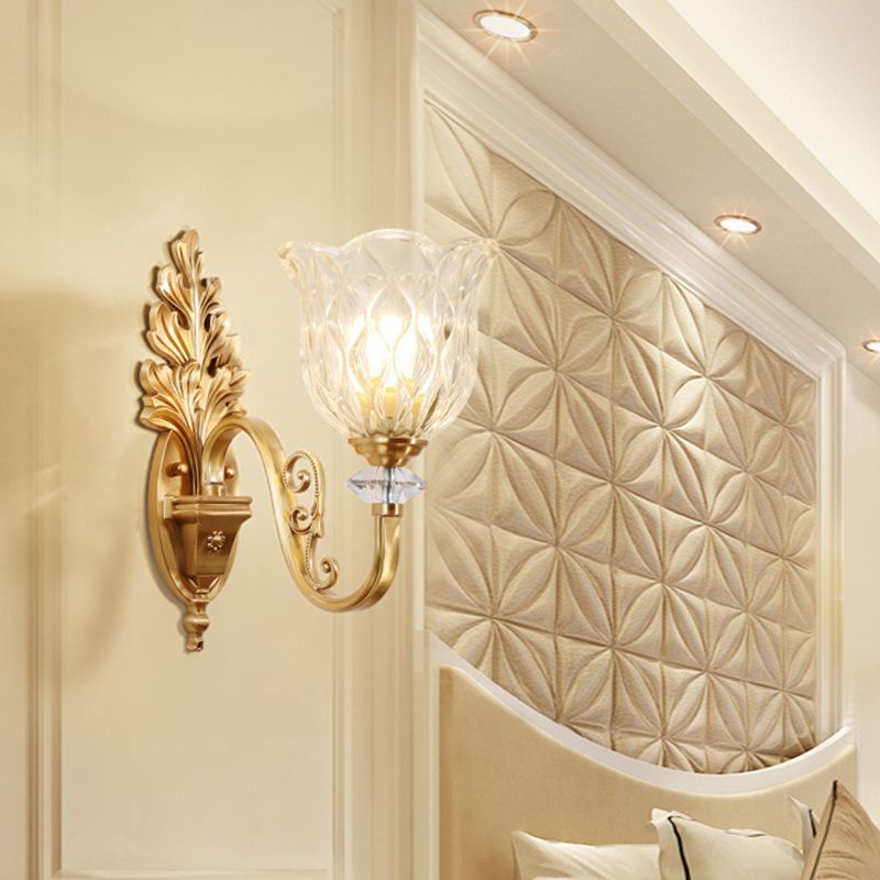 Gold Wall Mount Light Traditional Carved Glass Ruffle Bell Wall Light Fixture for Corridor