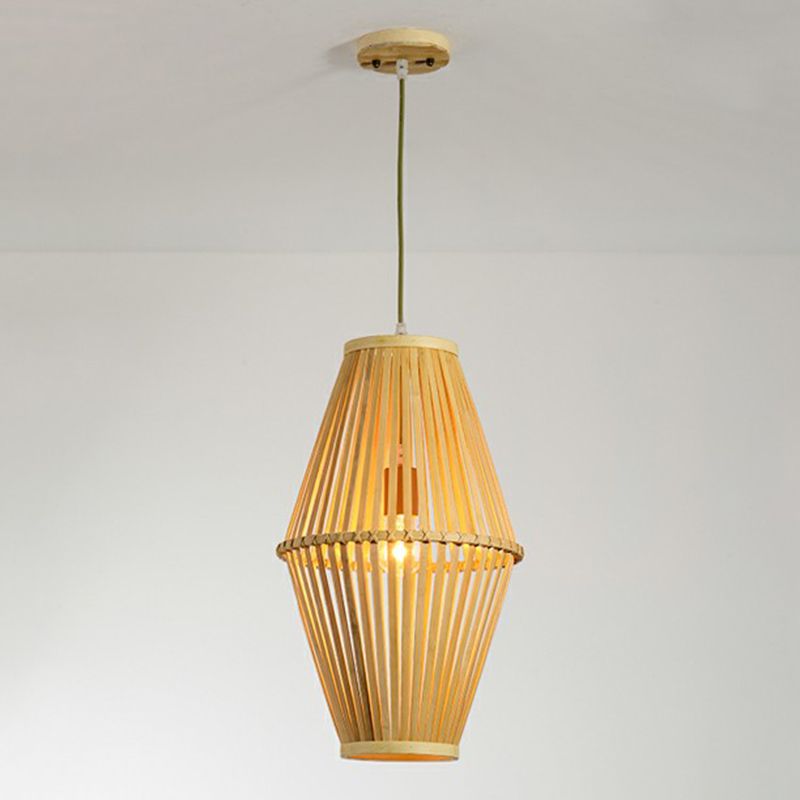 Cage Restaurant Pendant Lamp Bamboo 1 Bulb Modern Style Hanging Light in Beige
