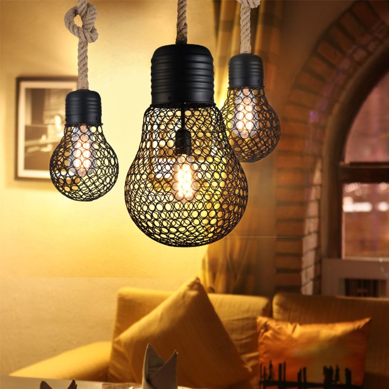 6"/11" Wide Metal Mesh Bulb Cage Ceiling Light Loft Style 1 Head Restaurant Suspension Pendant in Black