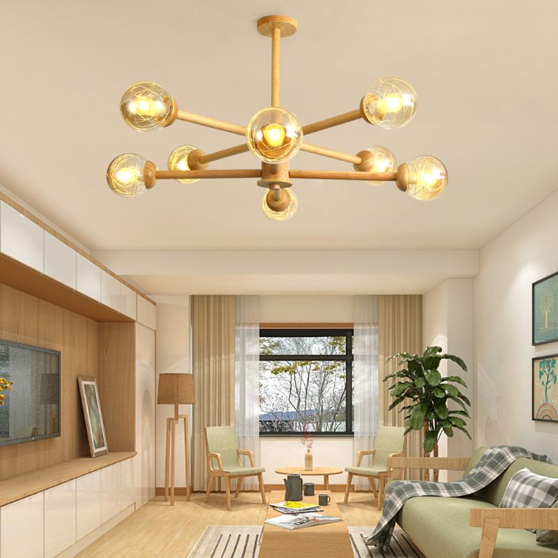 Globe Wood Chandelier Lighting Fixtures Modern Multi-Head Beige Chandelier Lamp with Glass Shade