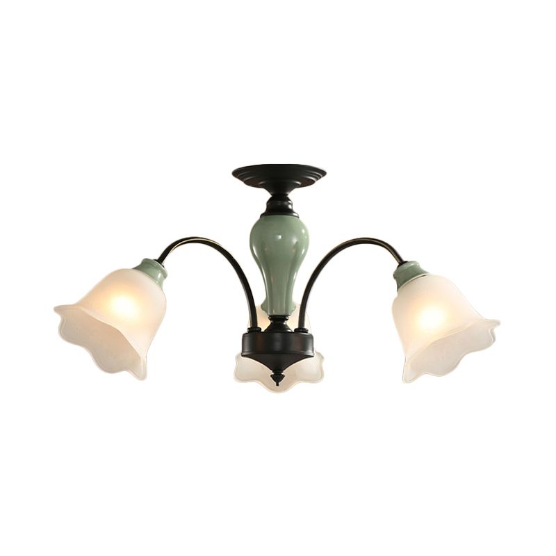 Black Flower Semi Flush Countryside Frosted Glass 3/6/8 Heads Living Room Ceiling Mount with Curved Arm