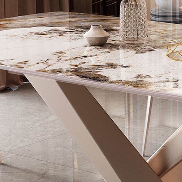Rectangular Luxury White Stone Top Dining Table with Metal Pedestal