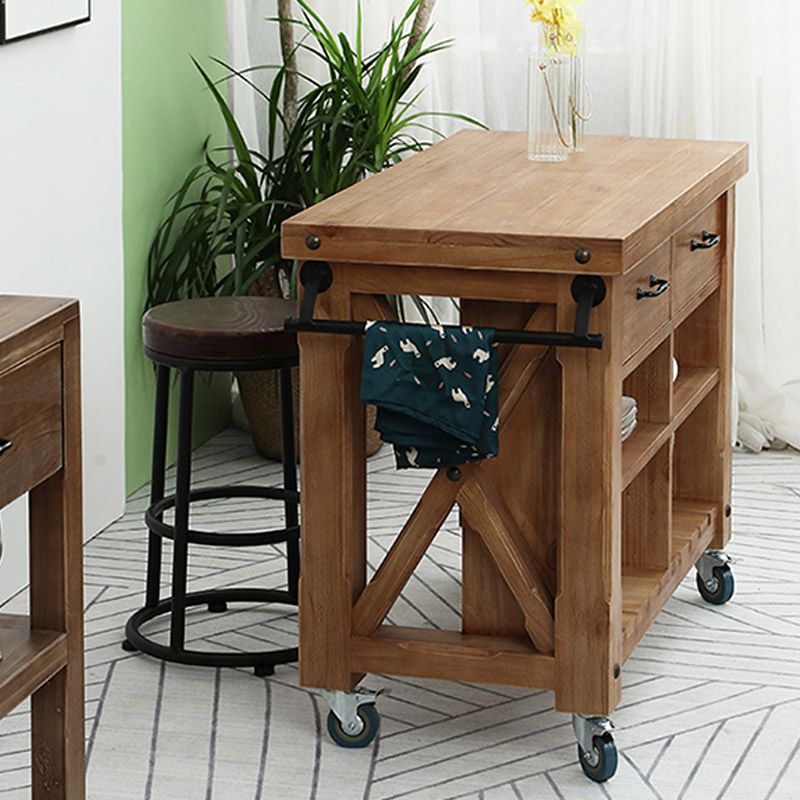 Modern Kitchen Island Table Pine Wood Prep Table with Towel Rack