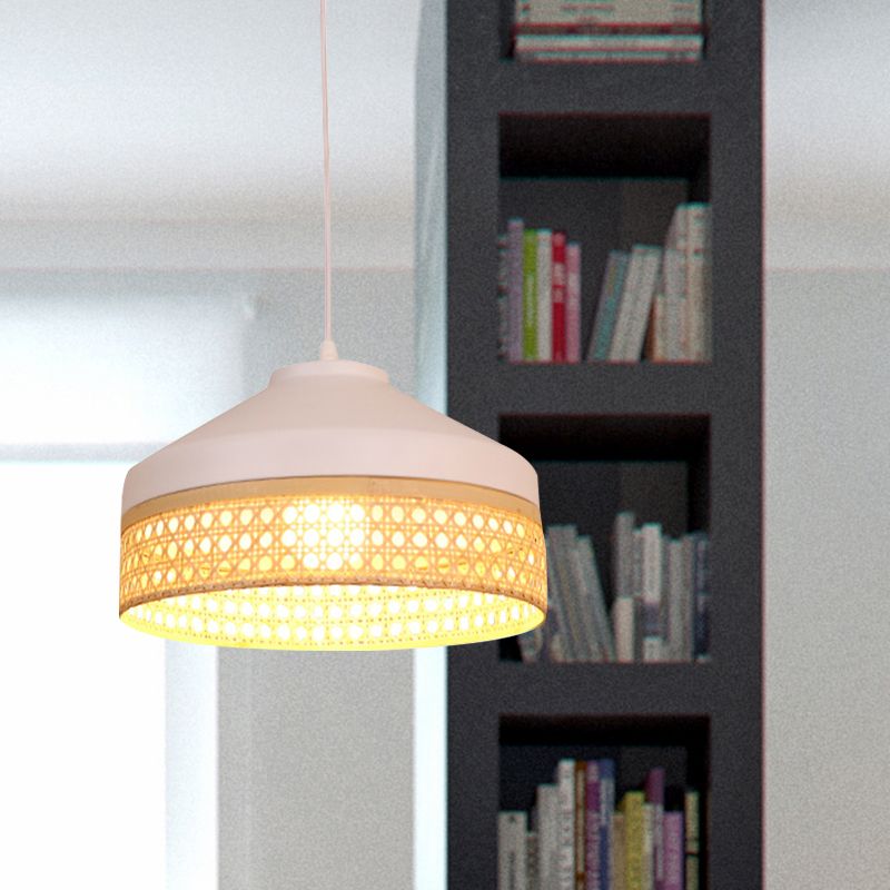 Iron Barn Pendant Light Kit Modernist 1 Head White Ceiling Suspension Lamp with Woven Bamboo Rattan Detail
