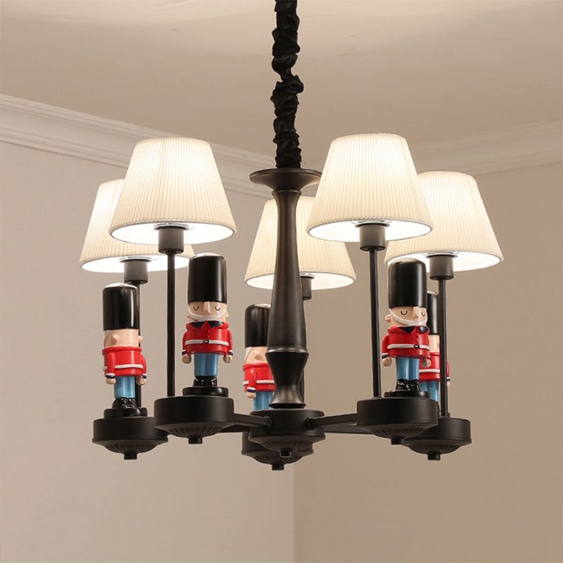 Black Tapered Ceiling Lighting Kids Style Pleated Fabric Chandelier Light Fixture with Soldier Decor