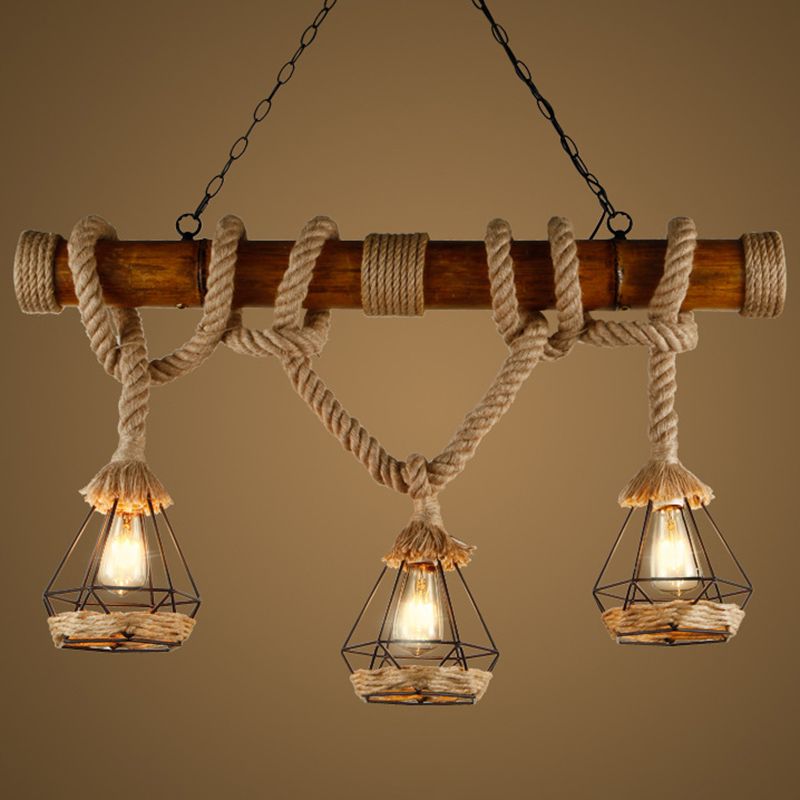 Retro Bamboo Island Light 3 Lights Island Pendant with Natural Rope for Restaurant