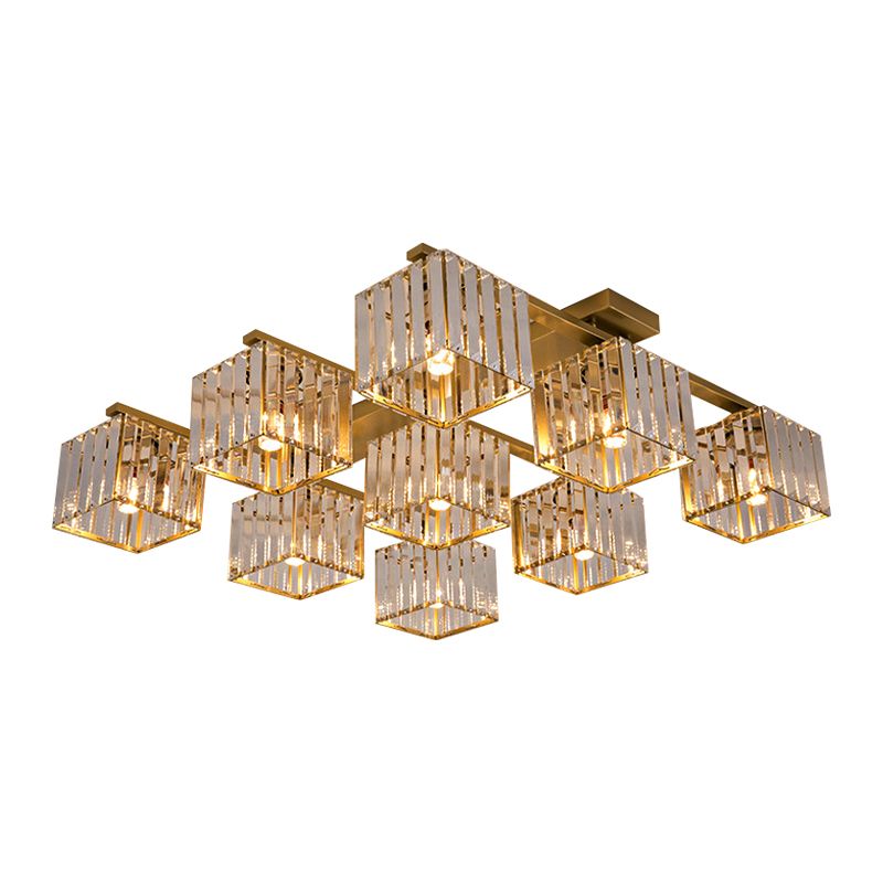 Accesorio de techo para sala de estar, barra de cristal de tres lados, cuadrado moderno, semiempotrado, 4/6/9 luces, en dorado/negro