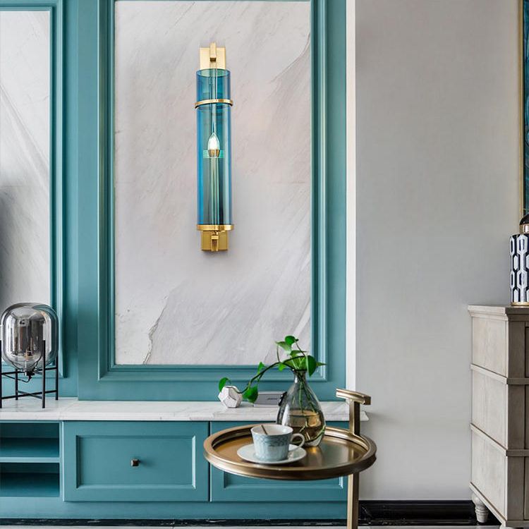 Minimalism Wall Sconce Lighting Blue Cylindrical Sconce Light Fixture with Glass Shade
