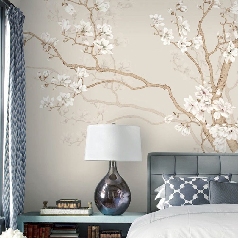 Beige Plum Blossom Wall Mural Flower Rustic Moisture Resistant Wall Decor for Home