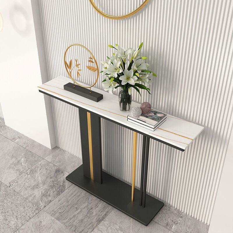 Contemporary Style Console Table with Stone Top and Pedestal Base for Hall