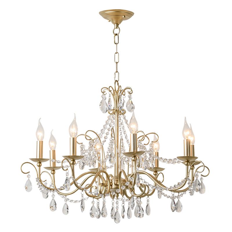 Frosted Gold French Style Chandelier Light with Candlestick Metal Multi Light Pendant with Clear Crystal