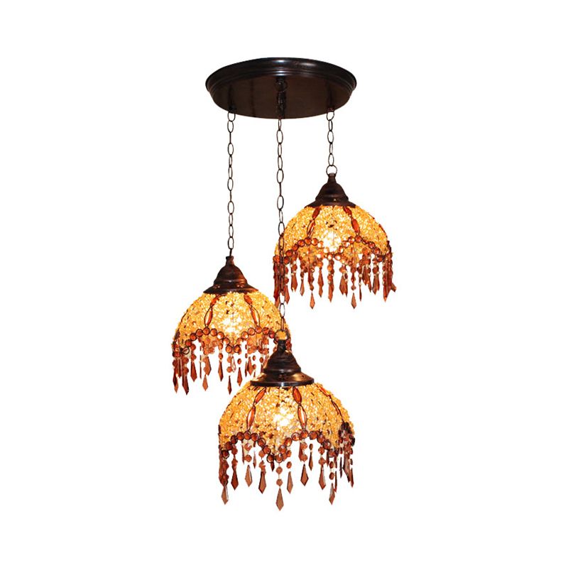 Scalloped Restaurant Cluster Pendant Light Decorative Metal 3 Lights Yellow Hanging Lamp with Crystal Accent