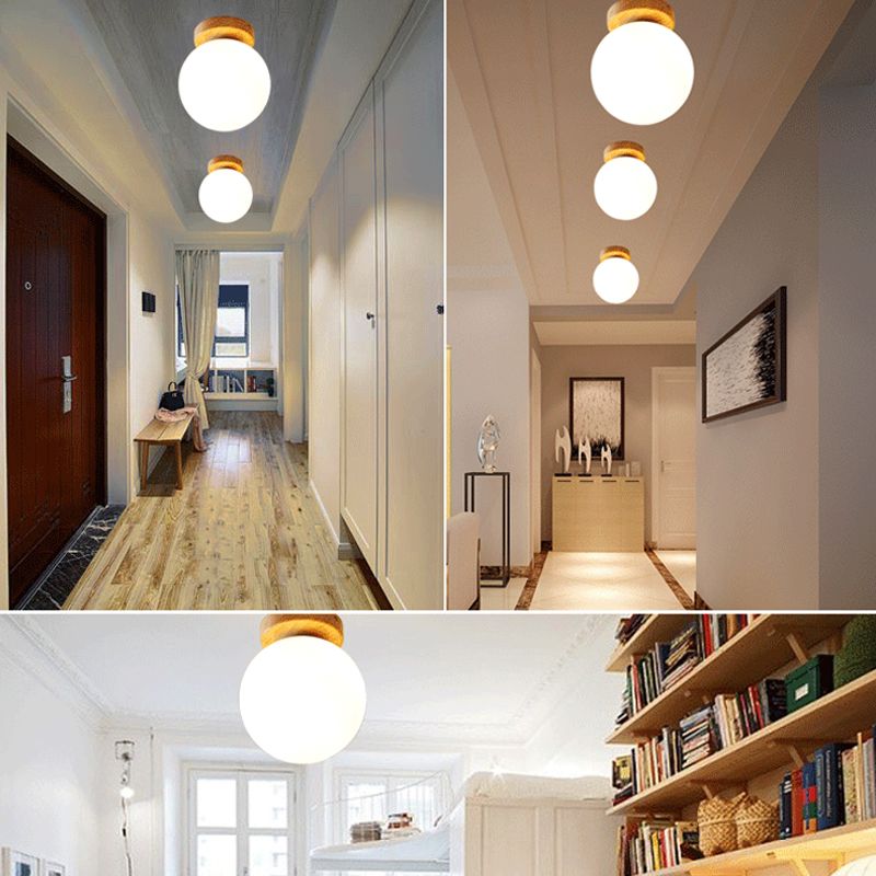 Scandinavian Wooden Ceiling Light Globe Glass Shaded Flush Mount Lighting